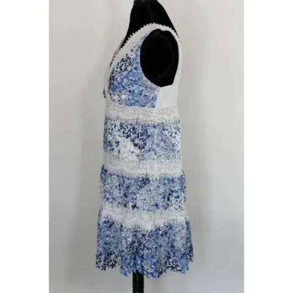 T Tahari Raya Indigo Stripe Crochet Lace Overlay Dress L Nautical Coastal Summer - Picture 4 of 7